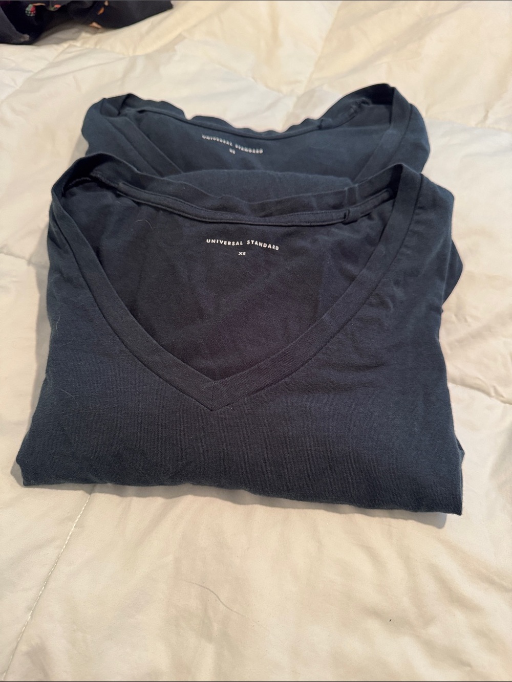 Two Universal Standard "V-Rex"  Long Sleeve, V-neck Tee in Forest Green